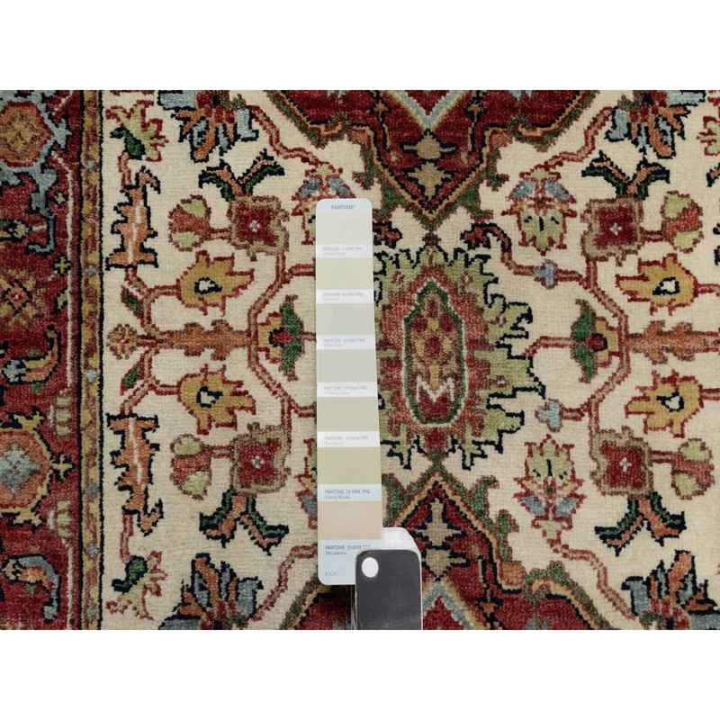 2'5"x25'6" Parchment White with Cherry Red, Hand Spun New Zealand Wool, Antiqued Fine Heriz Re-Creation, Natural Dyes, Hand Knotted, Plush and Lush, Denser Weave, XL Runner, Oriental Rug Sh90750 - Image 4