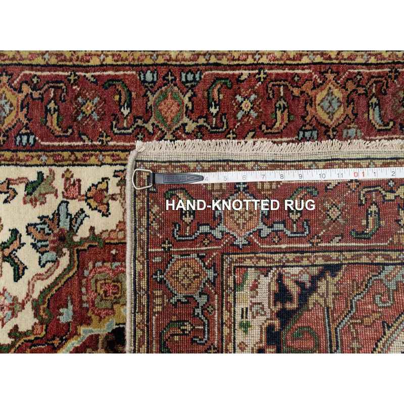 2'5"x25'6" Parchment White with Cherry Red, Hand Spun New Zealand Wool, Antiqued Fine Heriz Re-Creation, Natural Dyes, Hand Knotted, Plush and Lush, Denser Weave, XL Runner, Oriental Rug Sh90750 - Image 8
