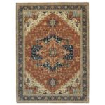 8'9"x12'1" Ginger Red and Naval Blue, Antiqued Fine Heriz Re-Creation Central Geometric Medallion, Denser Weave, Hand Knotted, Vegetable Dyes, Plush Pile, Natural Wool, Oriental Rug Sh90928