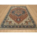 8'9"x12'1" Ginger Red and Naval Blue, Antiqued Fine Heriz Re-Creation Central Geometric Medallion, Denser Weave, Hand Knotted, Vegetable Dyes, Plush Pile, Natural Wool, Oriental Rug Sh90928 - Image 2