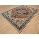 8'9"x12'1" Ginger Red and Naval Blue, Antiqued Fine Heriz Re-Creation Central Geometric Medallion, Denser Weave, Hand Knotted, Vegetable Dyes, Plush Pile, Natural Wool, Oriental Rug Sh90928 - Image 3