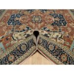 8'9"x12'1" Ginger Red and Naval Blue, Antiqued Fine Heriz Re-Creation Central Geometric Medallion, Denser Weave, Hand Knotted, Vegetable Dyes, Plush Pile, Natural Wool, Oriental Rug Sh90928 - Image 5