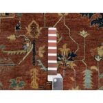 8'9"x12'1" Ginger Red and Naval Blue, Antiqued Fine Heriz Re-Creation Central Geometric Medallion, Denser Weave, Hand Knotted, Vegetable Dyes, Plush Pile, Natural Wool, Oriental Rug Sh90928 - Image 7