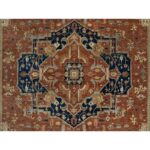 8'9"x12'1" Ginger Red and Naval Blue, Antiqued Fine Heriz Re-Creation Central Geometric Medallion, Denser Weave, Hand Knotted, Vegetable Dyes, Plush Pile, Natural Wool, Oriental Rug Sh90928 - Image 8