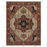 9'2"x12' Alabaster White with Red, Antiqued Fine Heriz Re-Creation with Medallion Design, Denser Weave, Hand Spun New Zealand Wool, Hand Knotted, Oriental Rug Sh91117
