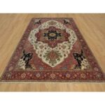 9'2"x12' Alabaster White with Red, Antiqued Fine Heriz Re-Creation with Medallion Design, Denser Weave, Hand Spun New Zealand Wool, Hand Knotted, Oriental Rug Sh91117 - Image 2