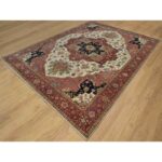 9'2"x12' Alabaster White with Red, Antiqued Fine Heriz Re-Creation with Medallion Design, Denser Weave, Hand Spun New Zealand Wool, Hand Knotted, Oriental Rug Sh91117 - Image 3