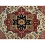 9'2"x12' Alabaster White with Red, Antiqued Fine Heriz Re-Creation with Medallion Design, Denser Weave, Hand Spun New Zealand Wool, Hand Knotted, Oriental Rug Sh91117 - Image 8