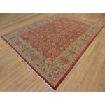 10'x14'2" Scarlet Red, Antiqued Oushak Reimagined, Sheared Low, Pure Wool, Hand Knotted, Repetitive Star and Rosette Design, Oriental Rug Sh91174 - Image 3