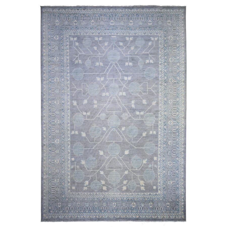 10'x14'7" Purple Gray, Stone Washed Peshawar with Pomegranate Garden Khotan Design, Vegetable Dyes, Soft Wool Hand Knotted, Oversized Oriental Rug Rug Sh74330