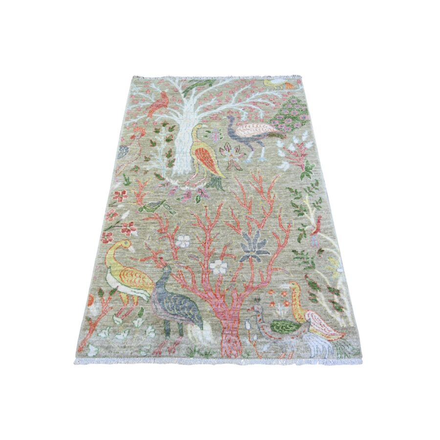 3'4"x4'10' Laurel Green, Afghan Peshawar with Birds of Paradise Design, Abrash, Vegetable Dyes, Soft Wool, Hand Knotted, Oriental Rug Sh74347