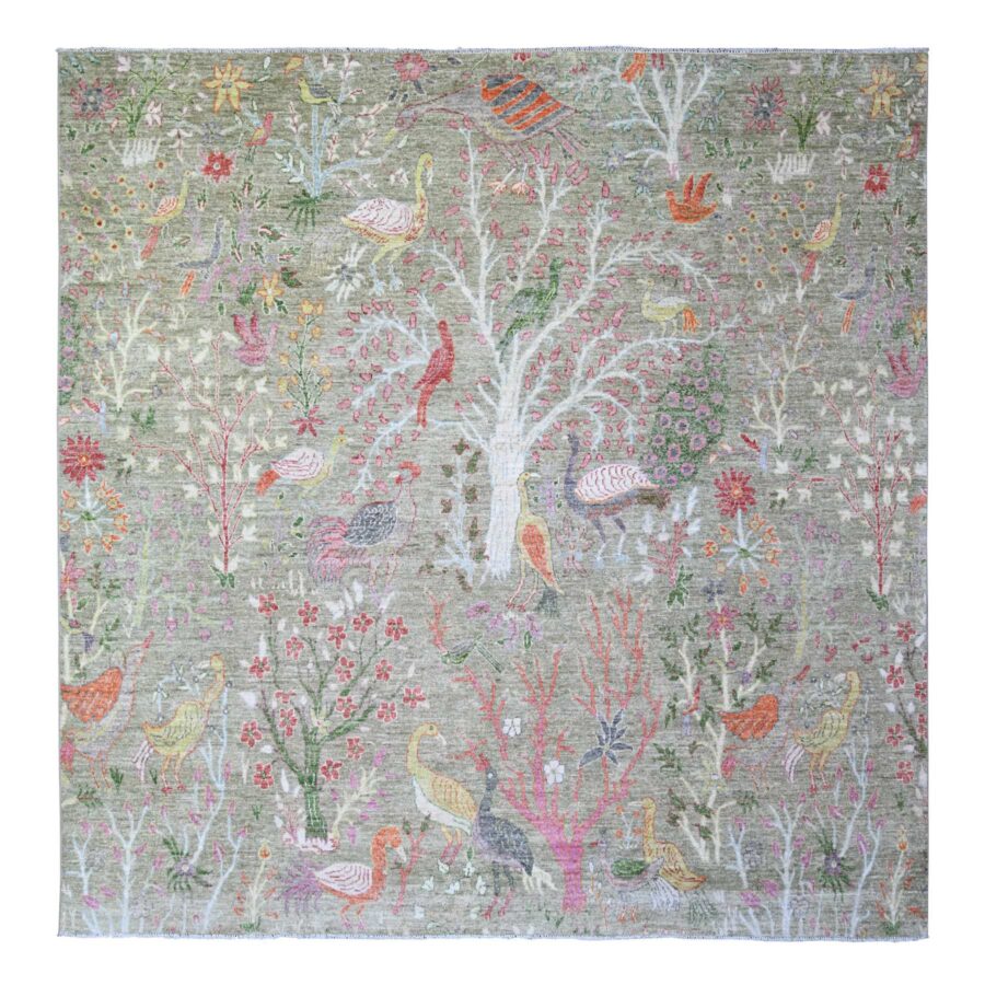 8'x8' Avocado Green, Birds of Paradise, Abrash, Hand knotted Pure Wool Afghan Peshawar Area, Vegetable Dyes, Square Oriental Rug Sh74358