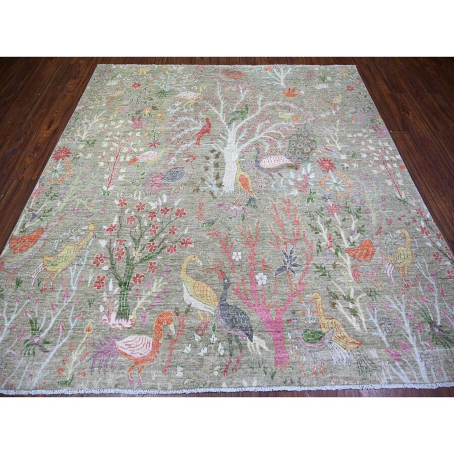 8'x8' Avocado Green, Birds of Paradise, Abrash, Hand knotted Pure Wool Afghan Peshawar Area, Vegetable Dyes, Square Oriental Rug Sh74358 - Image 2