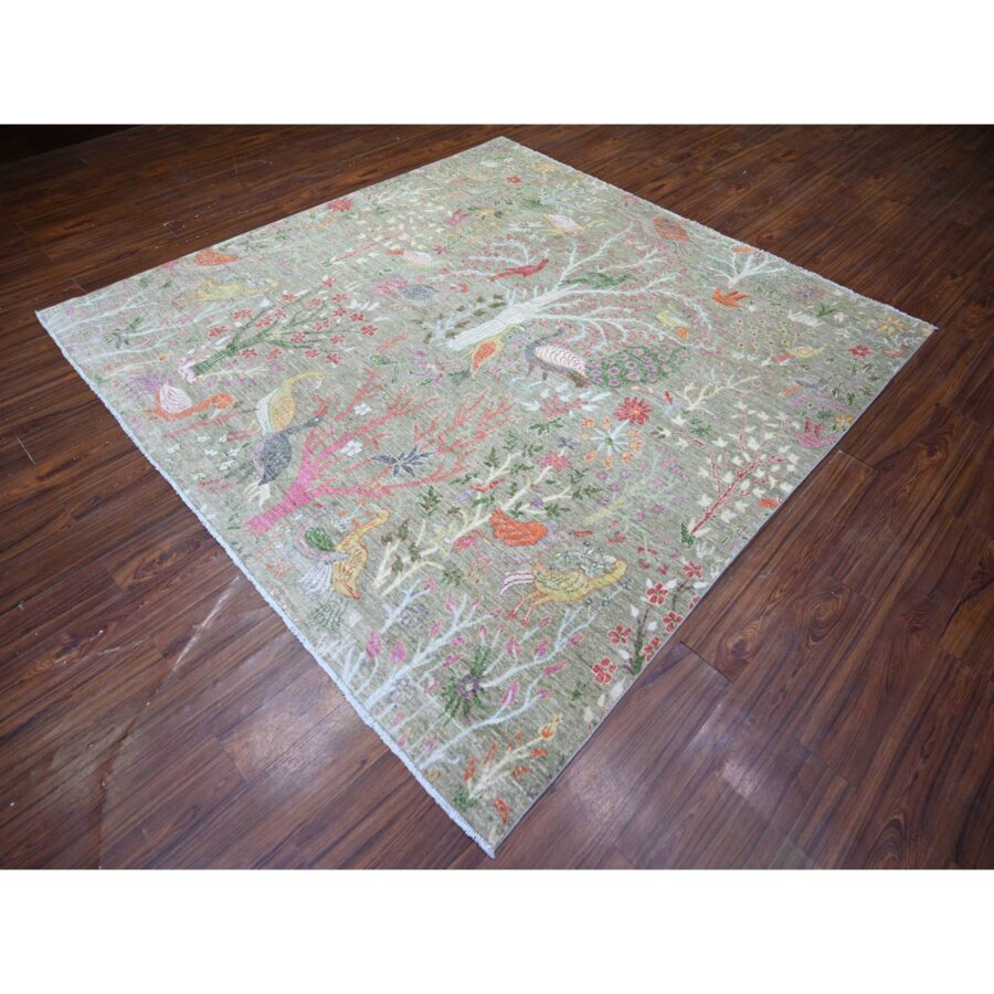 8'x8' Avocado Green, Birds of Paradise, Abrash, Hand knotted Pure Wool Afghan Peshawar Area, Vegetable Dyes, Square Oriental Rug Sh74358 - Image 3