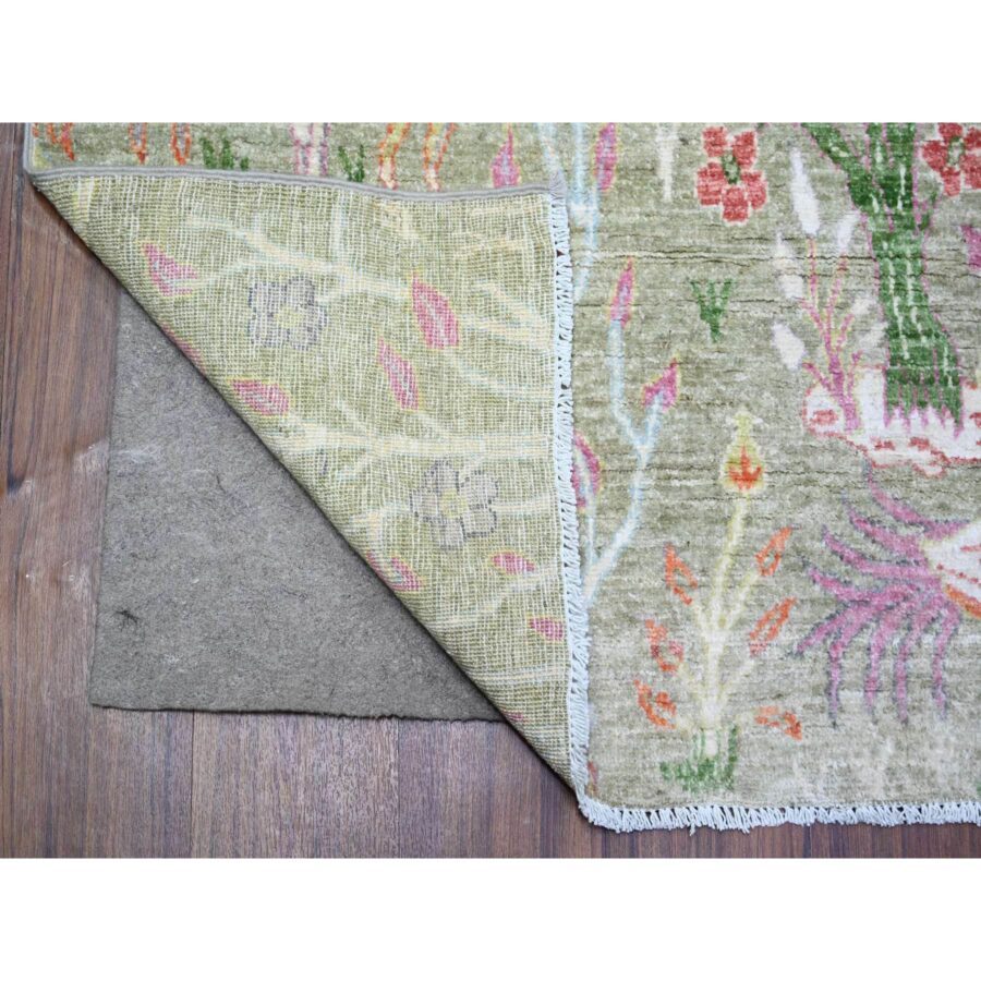 8'x8' Avocado Green, Birds of Paradise, Abrash, Hand knotted Pure Wool Afghan Peshawar Area, Vegetable Dyes, Square Oriental Rug Sh74358 - Image 4