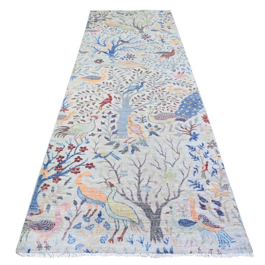 4'1"x12' Stone Eagle Gray, Vegetable Dyes, Afghan Peshawar with Colorful Birds Paradise, Organic Wool, Hand Knotted, Wide Runner Oriental Rug R74410