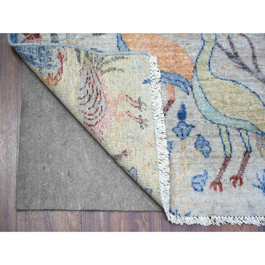 4'1"x12' Stone Eagle Gray, Vegetable Dyes, Afghan Peshawar with Colorful Birds Paradise, Organic Wool, Hand Knotted, Wide Runner Oriental Rug R74410 - Image 2