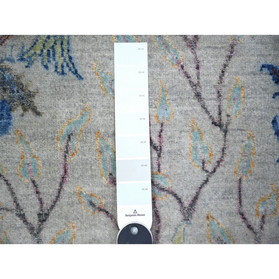 4'1"x12' Stone Eagle Gray, Vegetable Dyes, Afghan Peshawar with Colorful Birds Paradise, Organic Wool, Hand Knotted, Wide Runner Oriental Rug R74410 - Image 3