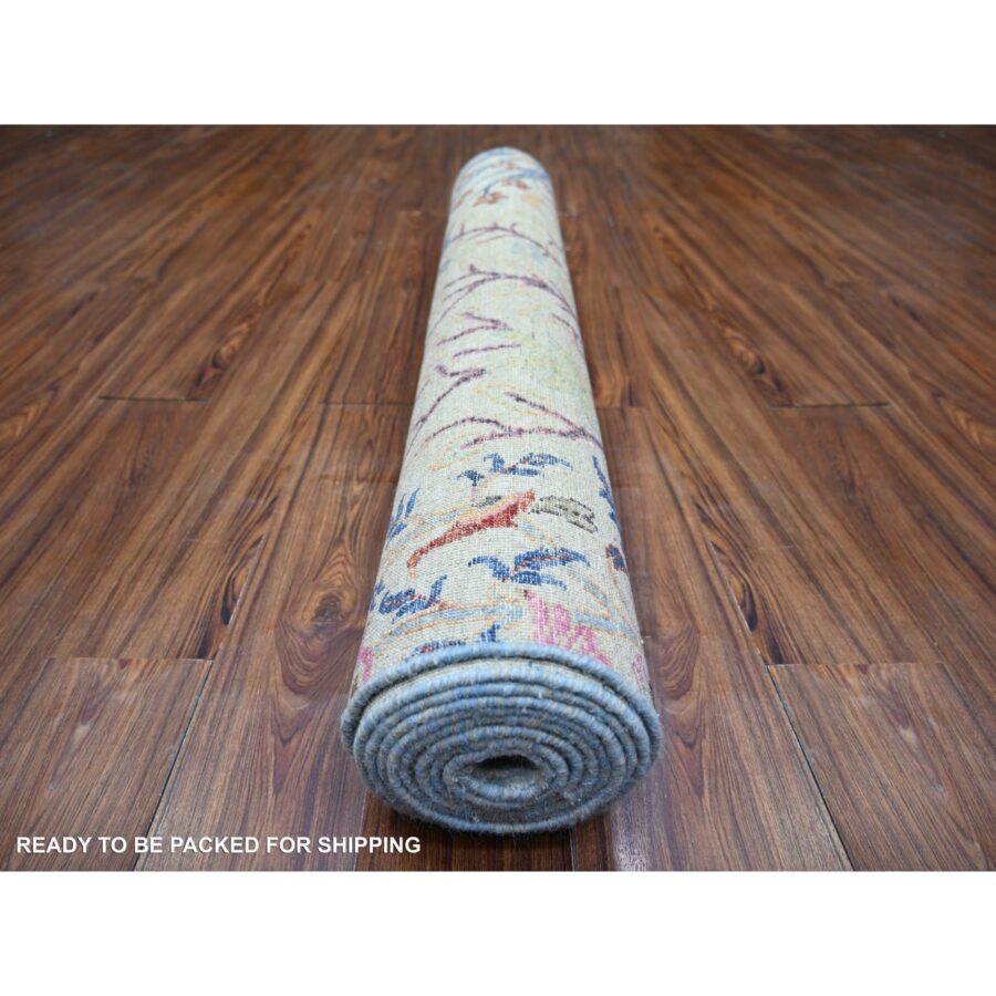 4'1"x12' Stone Eagle Gray, Vegetable Dyes, Afghan Peshawar with Colorful Birds Paradise, Organic Wool, Hand Knotted, Wide Runner Oriental Rug R74410 - Image 4