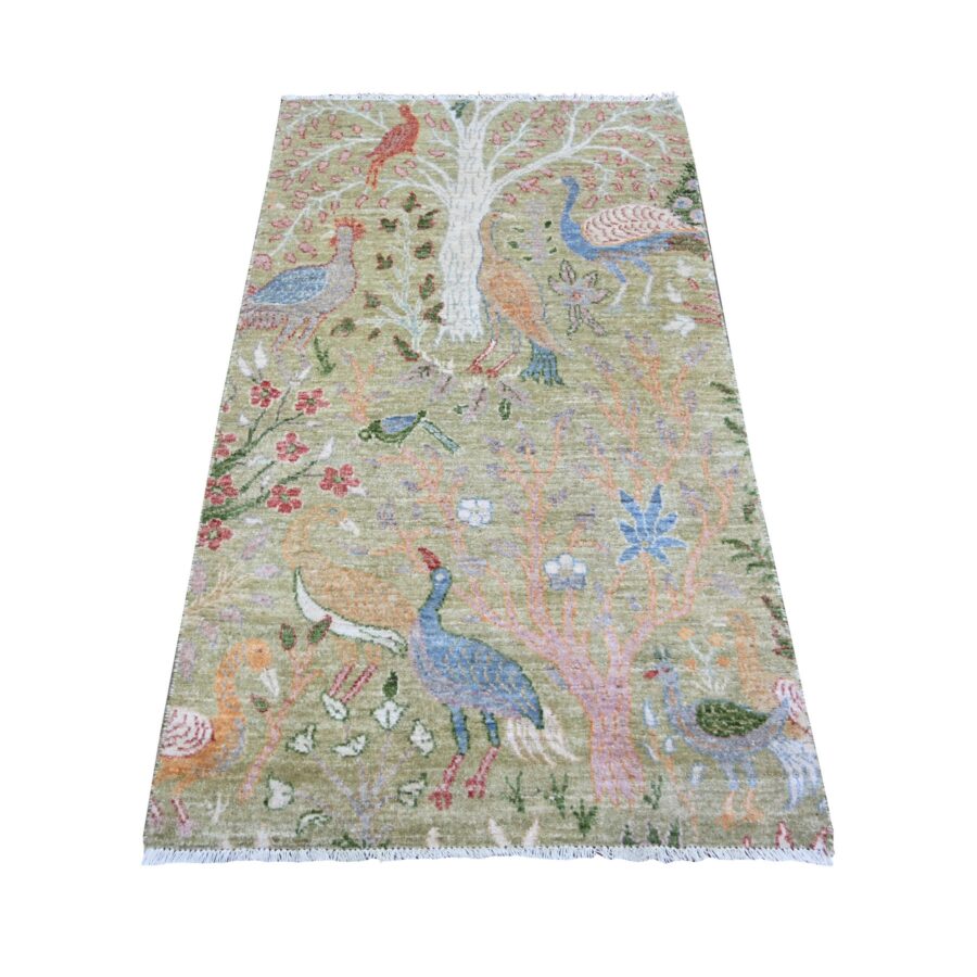 3'x5'2" Reseda Green, Vegetable Dyes, Pure Wool, Hand Knotted, Afghan Peshawar with Birds of Paradise Design, Oriental Rug Sh74412