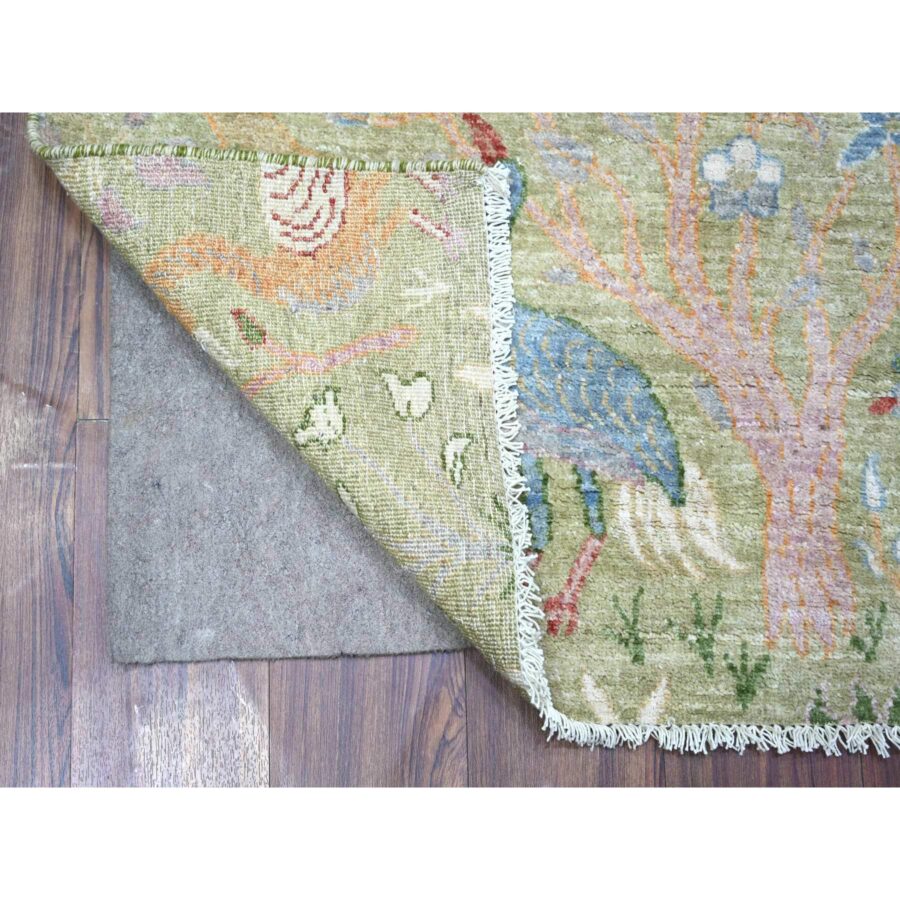 3'x5'2" Reseda Green, Vegetable Dyes, Pure Wool, Hand Knotted, Afghan Peshawar with Birds of Paradise Design, Oriental Rug Sh74412 - Image 2