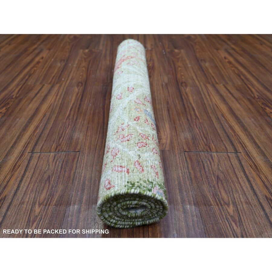 3'x5'2" Reseda Green, Vegetable Dyes, Pure Wool, Hand Knotted, Afghan Peshawar with Birds of Paradise Design, Oriental Rug Sh74412 - Image 4