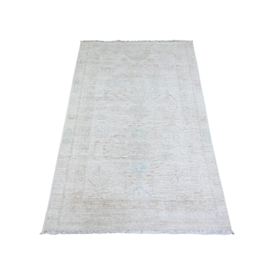 3'x4'9" Cascading White, White Wash Peshawar with Faded Colors, Pure Wool, Hand Knotted, Vegetable Dyes, Oriental Rug Sh74469