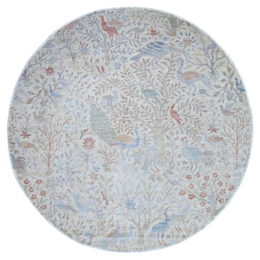8'x8' Lexicon Ivory, Afghan Peshawar with Birds of Paradise Natural Dyes, Organic Wool Hand Knotted, Round Oriental Rug Sh74496