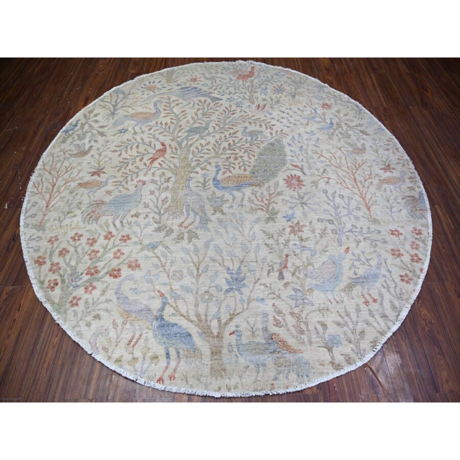 8'x8' Lexicon Ivory, Afghan Peshawar with Birds of Paradise Natural Dyes, Organic Wool Hand Knotted, Round Oriental Rug Sh74496 - Image 2