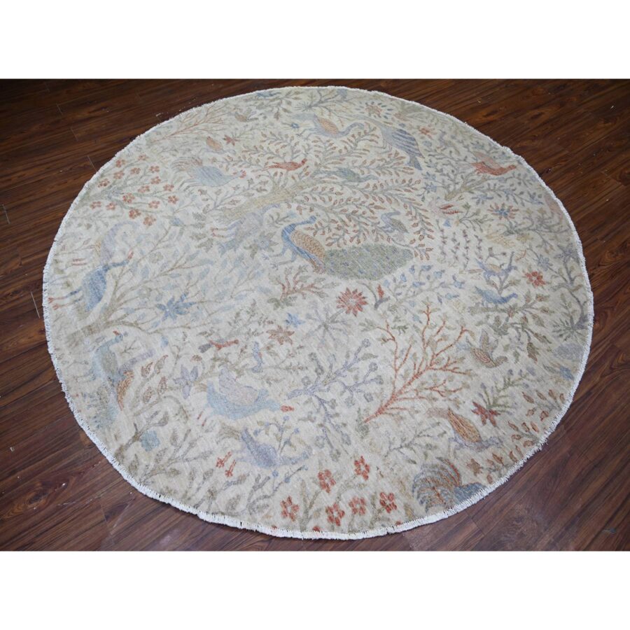 8'x8' Lexicon Ivory, Afghan Peshawar with Birds of Paradise Natural Dyes, Organic Wool Hand Knotted, Round Oriental Rug Sh74496 - Image 3