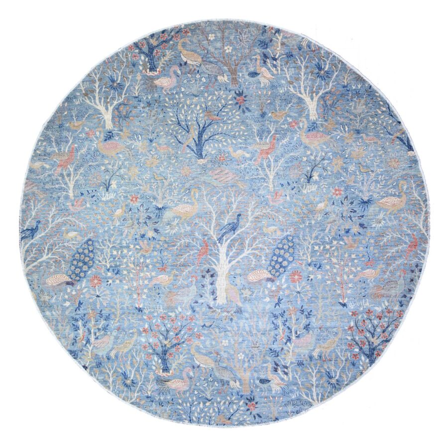 12'x12' Glaucous Blue, Hand Knotted, Afghan Peshawar with Birds of Paradise, Vegetable Dyes Soft Wool, Round Oriental Rug Sh74497