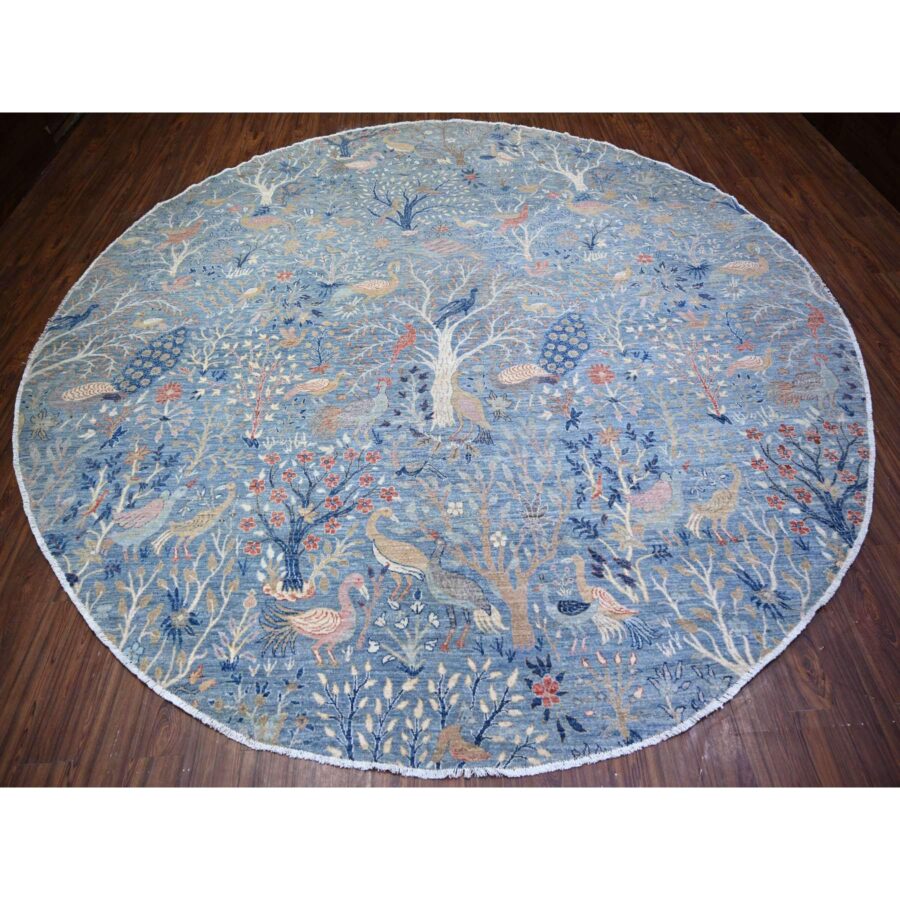 12'x12' Glaucous Blue, Hand Knotted, Afghan Peshawar with Birds of Paradise, Vegetable Dyes Soft Wool, Round Oriental Rug Sh74497 - Image 2