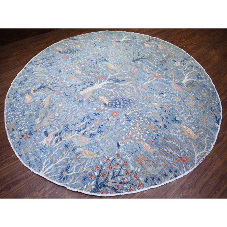 12'x12' Glaucous Blue, Hand Knotted, Afghan Peshawar with Birds of Paradise, Vegetable Dyes Soft Wool, Round Oriental Rug Sh74497 - Image 3