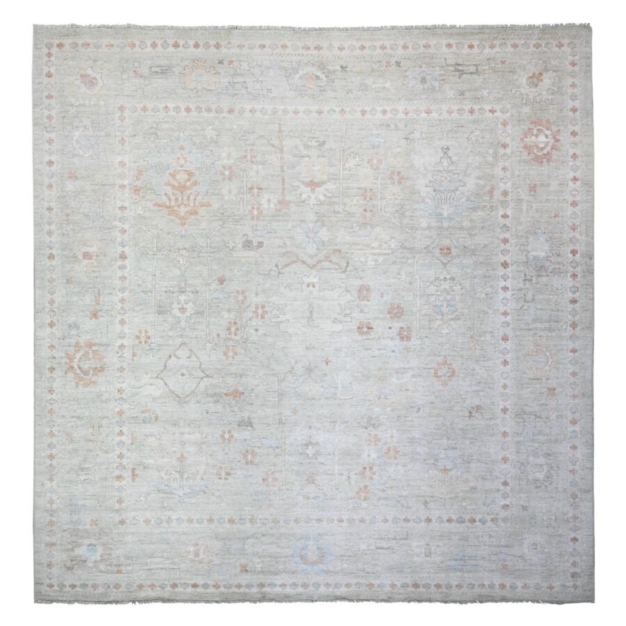 12'x12' Stone Eagle Gray, Pure Wool Hand Knotted, Afghan Angora Oushak with All Over Pattern Natural Dyes, Squarish Oriental Rug Sh74505