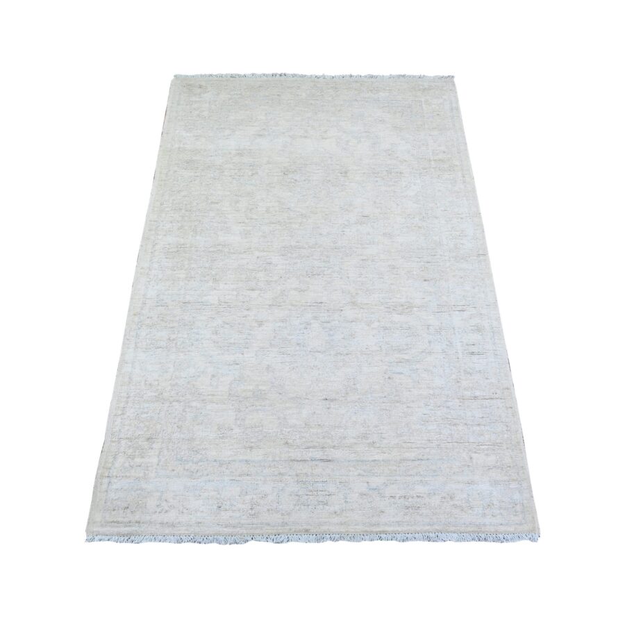 3'x5' Delicate White, 100% Wool, Hand Knotted, Washed Out Peshawar with Faded Design, Natural Dyes, Oriental Rug Sh74514