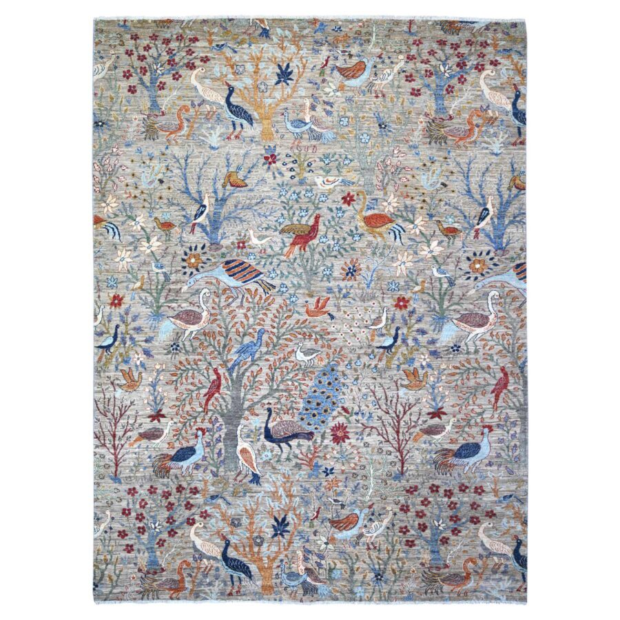 8'8"x11'8" Gainsboro Gray, Pure Wool, Hand Knotted, Vegetable Dyes, Bird of Paradise Afghan Peshawar Design, Abrash, Oriental Rug Sh74519