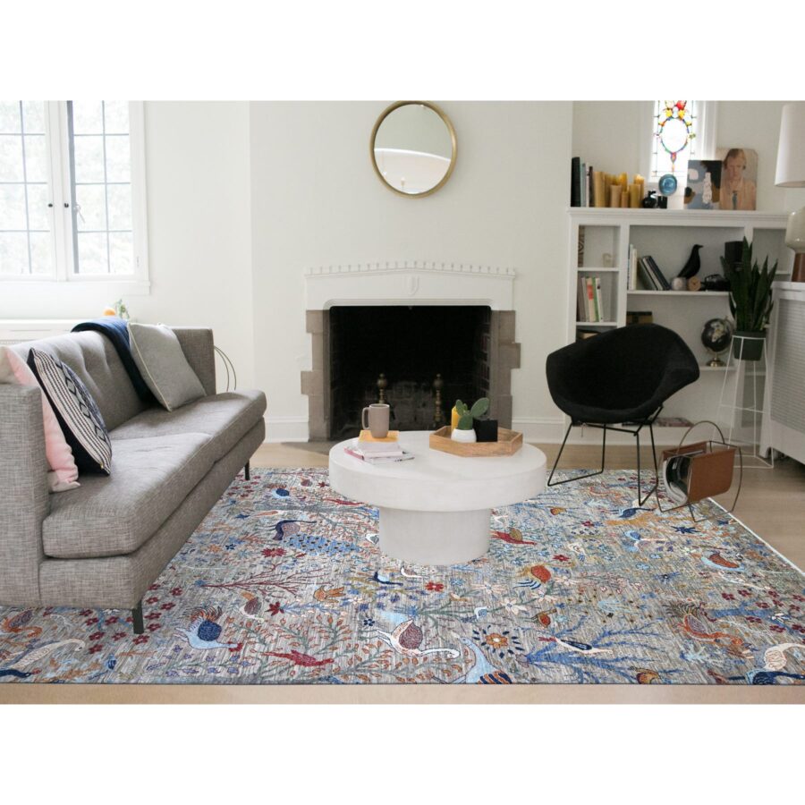 8'8"x11'8" Gainsboro Gray, Pure Wool, Hand Knotted, Vegetable Dyes, Bird of Paradise Afghan Peshawar Design, Abrash, Oriental Rug Sh74519 - Image 2