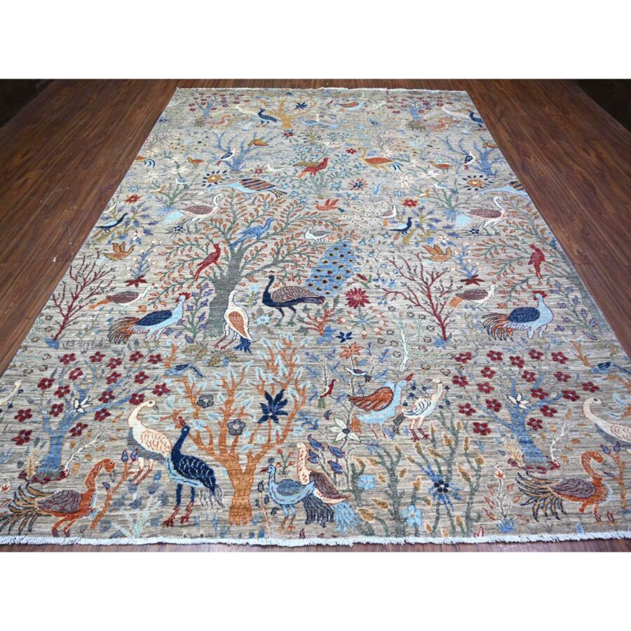 8'8"x11'8" Gainsboro Gray, Pure Wool, Hand Knotted, Vegetable Dyes, Bird of Paradise Afghan Peshawar Design, Abrash, Oriental Rug Sh74519 - Image 3