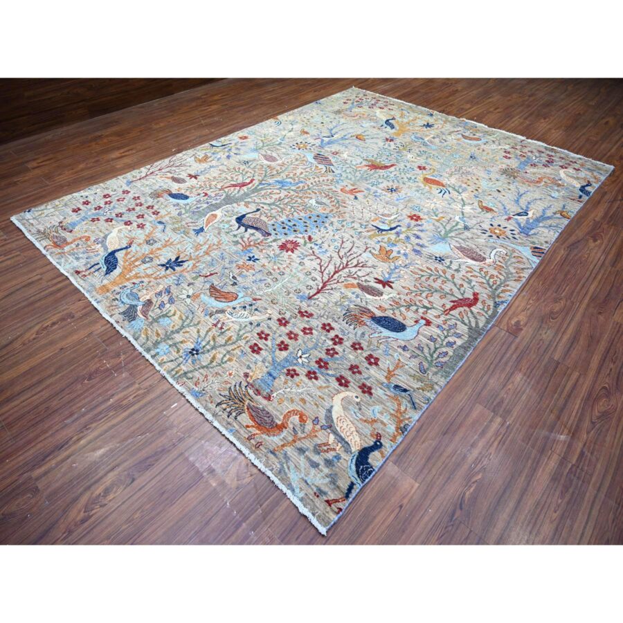 8'8"x11'8" Gainsboro Gray, Pure Wool, Hand Knotted, Vegetable Dyes, Bird of Paradise Afghan Peshawar Design, Abrash, Oriental Rug Sh74519 - Image 4
