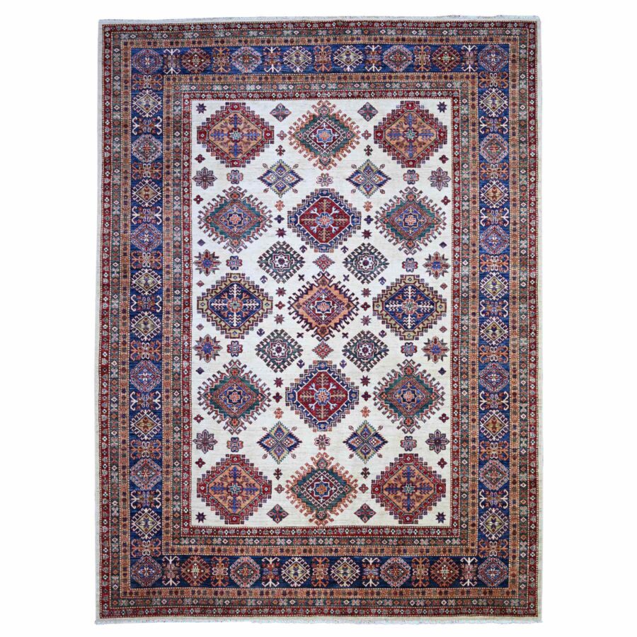 8'4"x11'5" Porcelain White, Organic Wool, Hand Knotted, Dense Weave, Vegetable Dyes, Afghan Super Kazak with All Over Medallions, Oriental Rug Sh74547