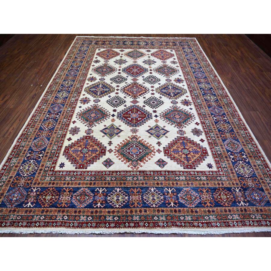 8'4"x11'5" Porcelain White, Organic Wool, Hand Knotted, Dense Weave, Vegetable Dyes, Afghan Super Kazak with All Over Medallions, Oriental Rug Sh74547 - Image 3