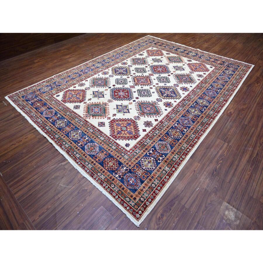 8'4"x11'5" Porcelain White, Organic Wool, Hand Knotted, Dense Weave, Vegetable Dyes, Afghan Super Kazak with All Over Medallions, Oriental Rug Sh74547 - Image 4