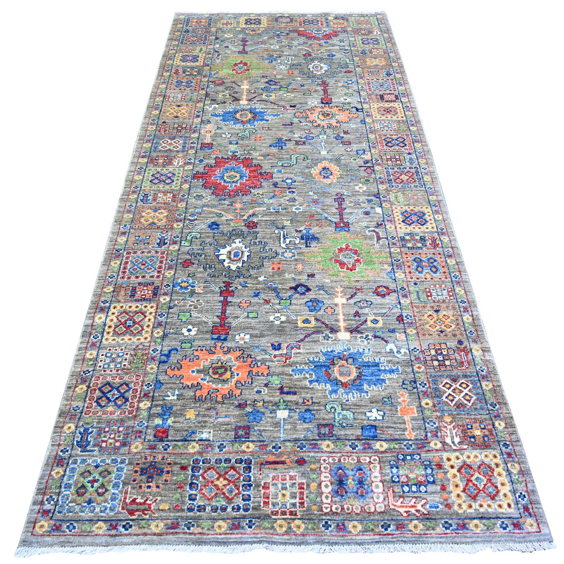 4'1"x9'8" Echo Gray, Densely Woven, Natural Dyes, Peshawar with Colorful Mahal Design with Heavy Large Elements and Wide Border, Hand Knotted, 100% Wool, Wide Runner Oriental Rug Sh74560