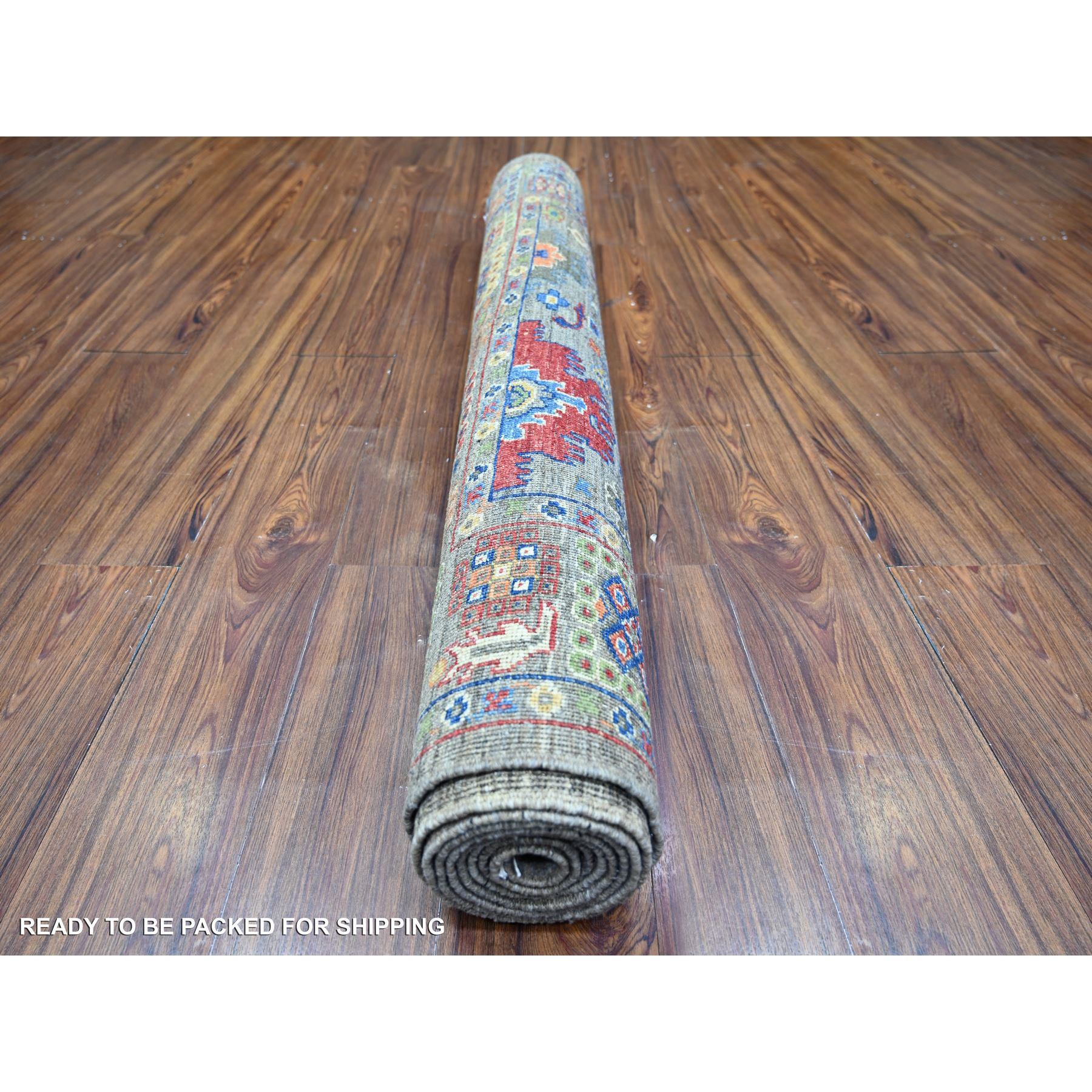 4'1"x9'8" Echo Gray, Densely Woven, Natural Dyes, Peshawar with Colorful Mahal Design with Heavy Large Elements and Wide Border, Hand Knotted, 100% Wool, Wide Runner Oriental Rug Sh74560 - Image 4