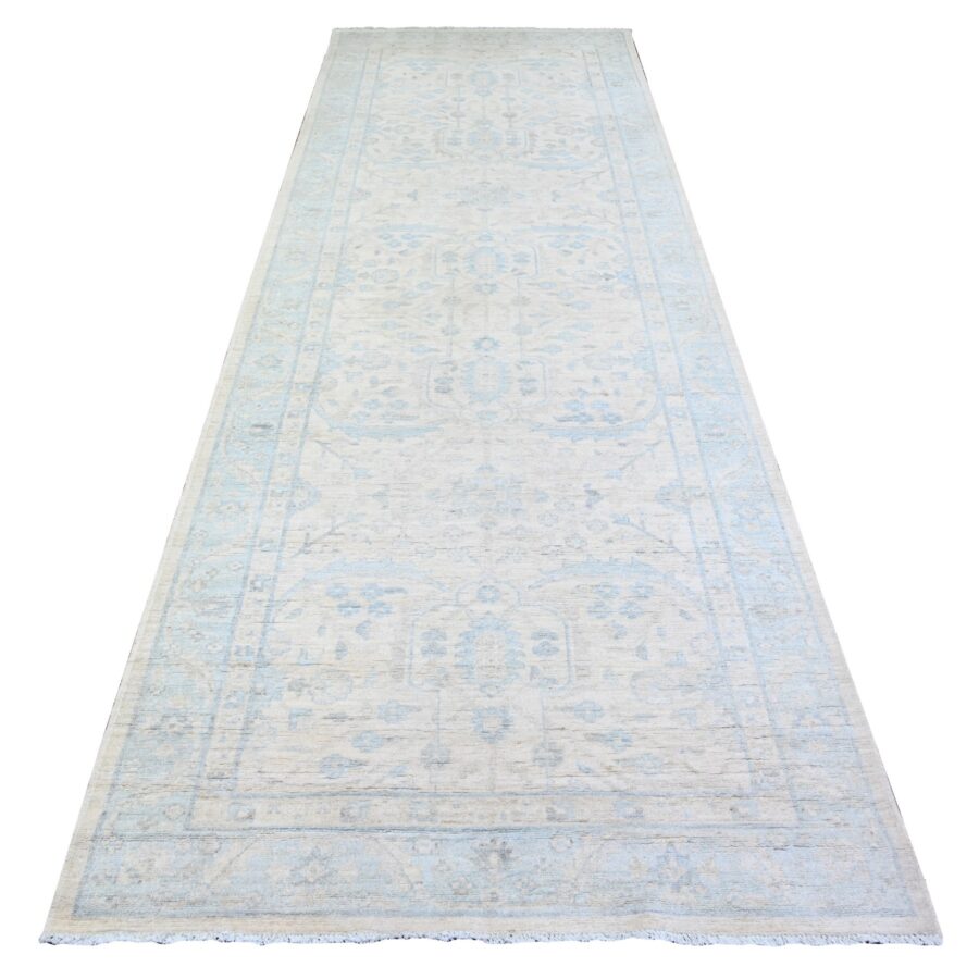 4'1"x12' Feather White and Uranian Blue, Washed Out Peshawar with Faded Colors, Vegetable Dyes, Shiny Wool, Hand Knotted, Wide Runner Oriental Rug Sh74578