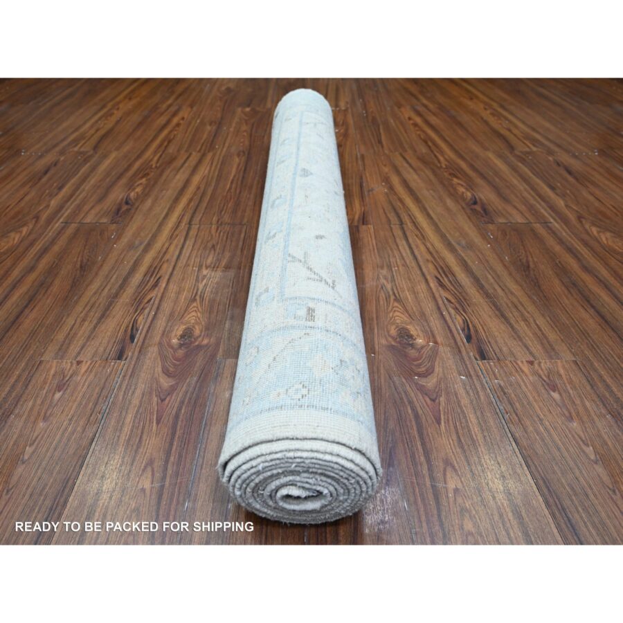 4'1"x12' Feather White and Uranian Blue, Washed Out Peshawar with Faded Colors, Vegetable Dyes, Shiny Wool, Hand Knotted, Wide Runner Oriental Rug Sh74578 - Image 4