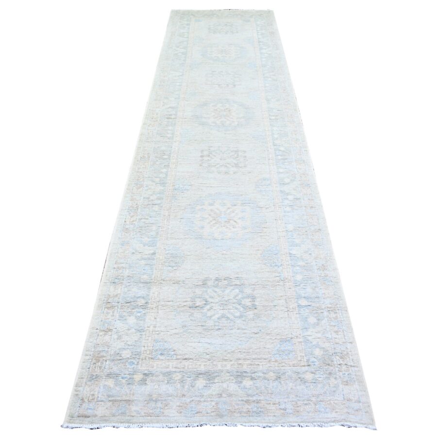 3'1"x12'1" Stone Eagle Gray, Vegetable Dyes, Washed Out Peshawar with Faded Colors, 100% Wool, Hand Knotted, Runner Oriental Rug Sh74581