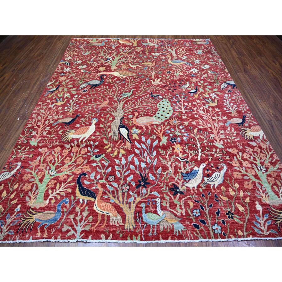8'2"x10'1" Prismatic Red, Natural Dyes, Pure Wool, Hand Knotted, Afghan Peshawar with Birds of Paradise Design, Abrash, Oriental Rug Sh74587 - Image 3
