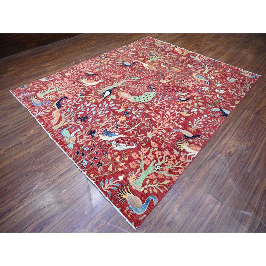 8'2"x10'1" Prismatic Red, Natural Dyes, Pure Wool, Hand Knotted, Afghan Peshawar with Birds of Paradise Design, Abrash, Oriental Rug Sh74587 - Image 4