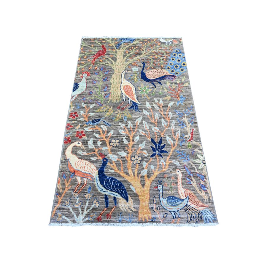 3'x5' Laid Back Gray, Birds of Paradise, Abrash, Tree of Life Hand Knotted 100% Wool Afghan Peshawar Area, Oriental Rug Sh74599